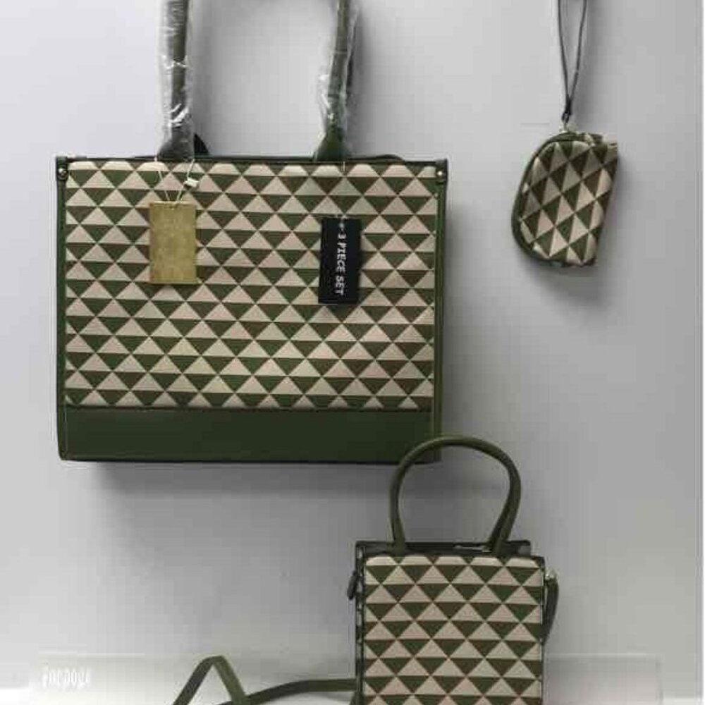 Olive Geometric Canvas Tote and Crossbody Bag Set